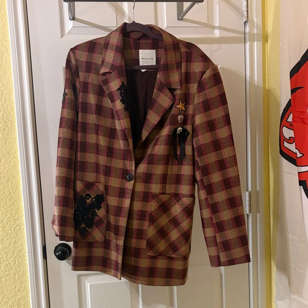 Anthropologie Plaid Embroidered Blazer - Brown & Burgundy - Picture 1 of 8